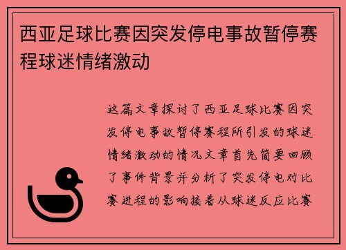 西亚足球比赛因突发停电事故暂停赛程球迷情绪激动