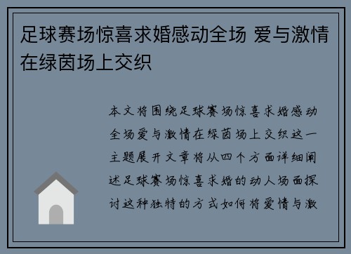 足球赛场惊喜求婚感动全场 爱与激情在绿茵场上交织