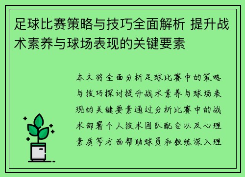 足球比赛策略与技巧全面解析 提升战术素养与球场表现的关键要素