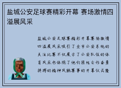 盐城公安足球赛精彩开幕 赛场激情四溢展风采
