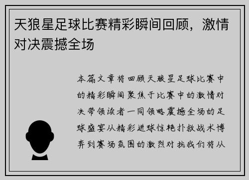 天狼星足球比赛精彩瞬间回顾，激情对决震撼全场