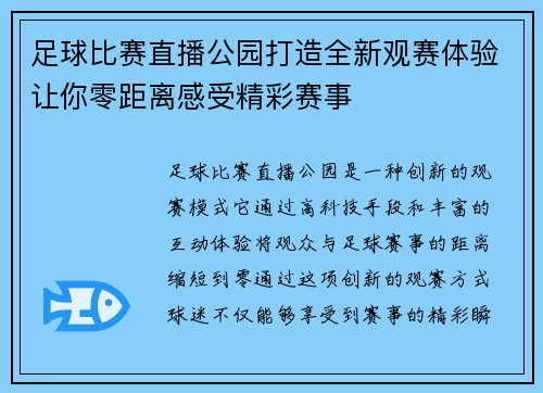足球比赛直播公园打造全新观赛体验让你零距离感受精彩赛事