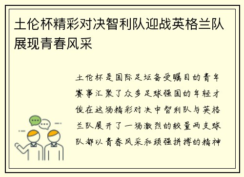 土伦杯精彩对决智利队迎战英格兰队展现青春风采
