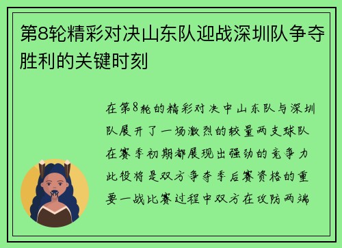 第8轮精彩对决山东队迎战深圳队争夺胜利的关键时刻
