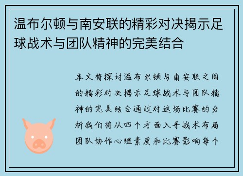 温布尔顿与南安联的精彩对决揭示足球战术与团队精神的完美结合