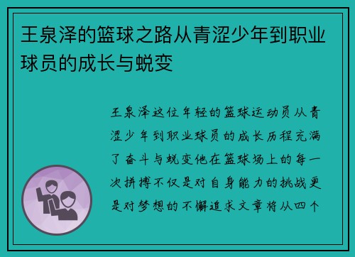 王泉泽的篮球之路从青涩少年到职业球员的成长与蜕变