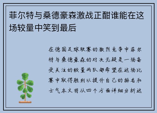 菲尔特与桑德豪森激战正酣谁能在这场较量中笑到最后