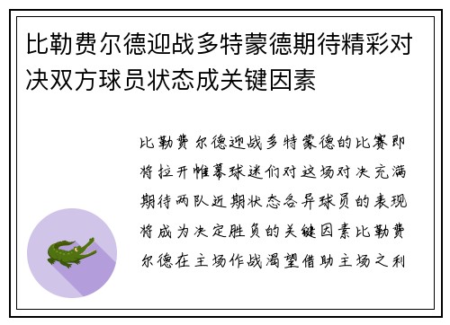 比勒费尔德迎战多特蒙德期待精彩对决双方球员状态成关键因素