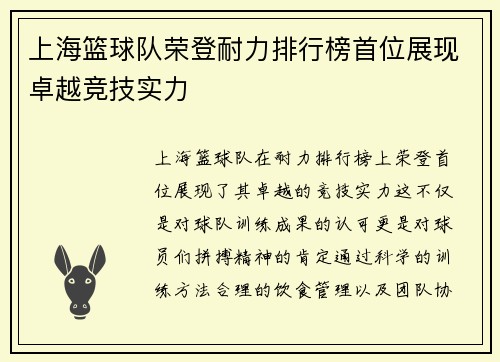 上海篮球队荣登耐力排行榜首位展现卓越竞技实力