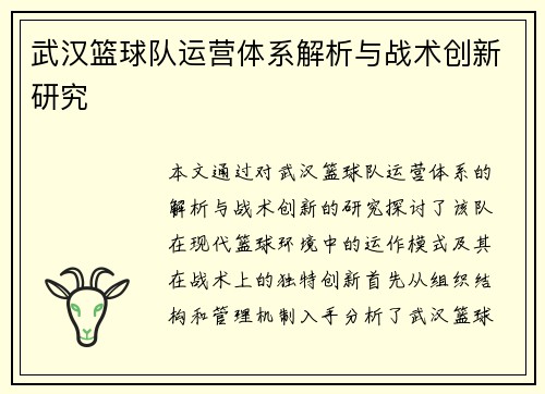 武汉篮球队运营体系解析与战术创新研究